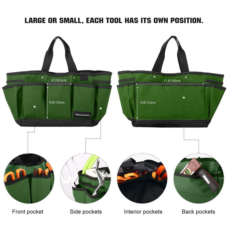 Housolution Gardening Tote Bag, Deluxe Garden Tool Storage Bag and Home Organizer with Pockets, Wear-resistant & Reusable, 12 Inch, Dark Green - Image 3